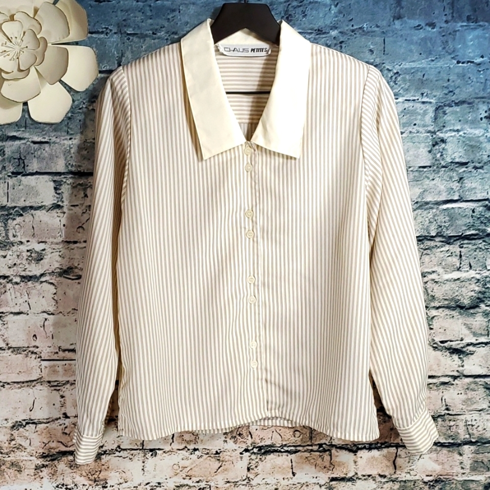 Vintage | Chaus Petites 80s Business Casual Taupe and White Striped Blouse